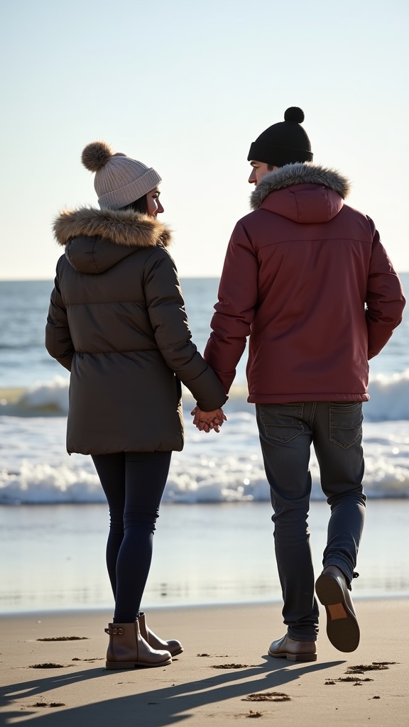 A couple in winter beachwear, knit caps, puffer jackets, and casual pants, holding hands near the shore