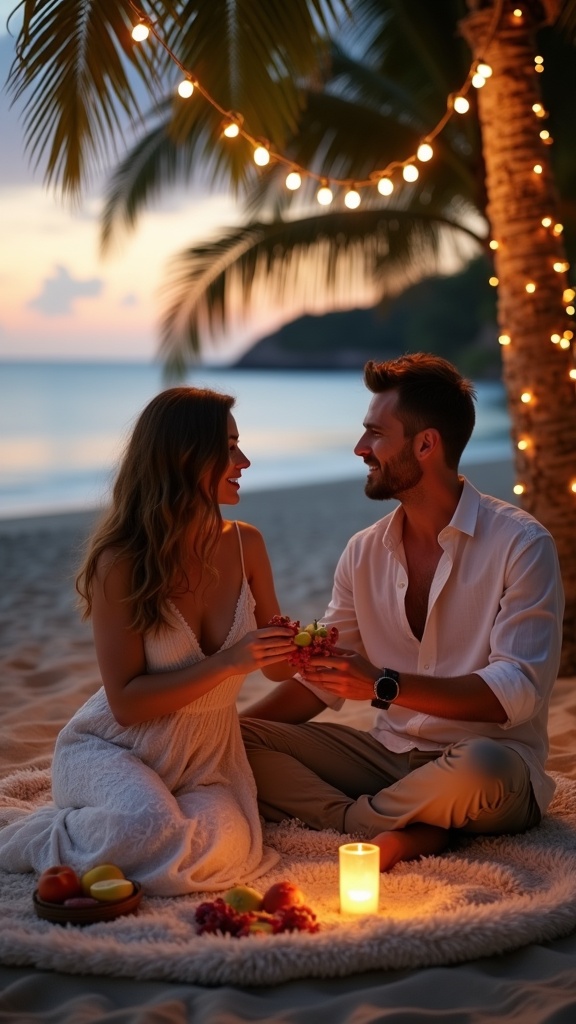 A cozy picnic for two a couple on a plush rug at dusk, the woman in a lace boho dress