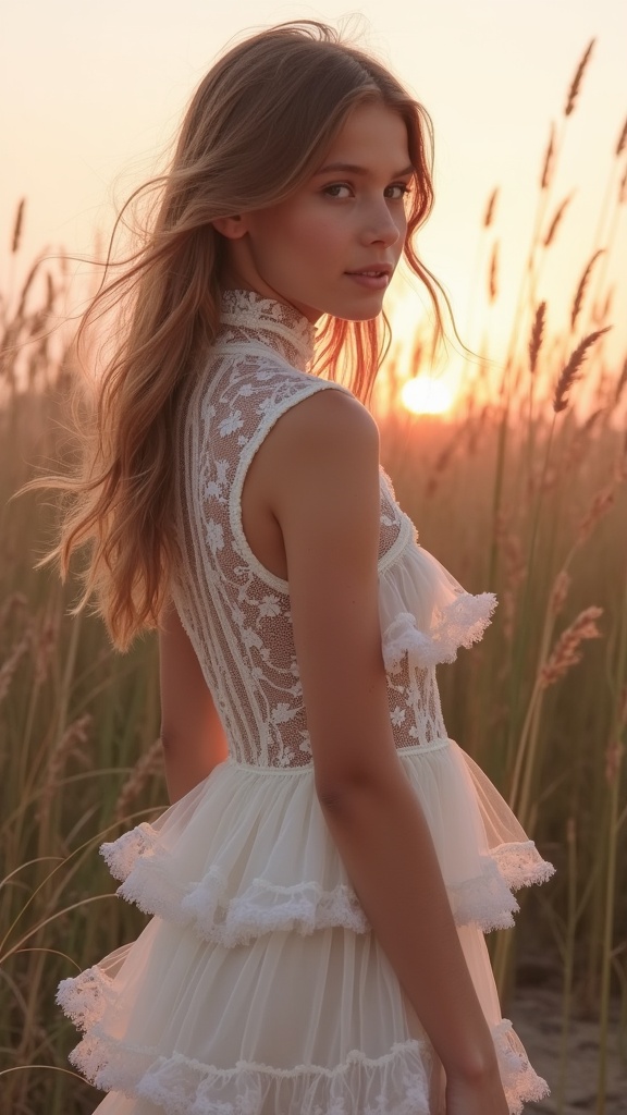 A creative editorial look a girl in a sheer high-neck lace dress with layered ruffles