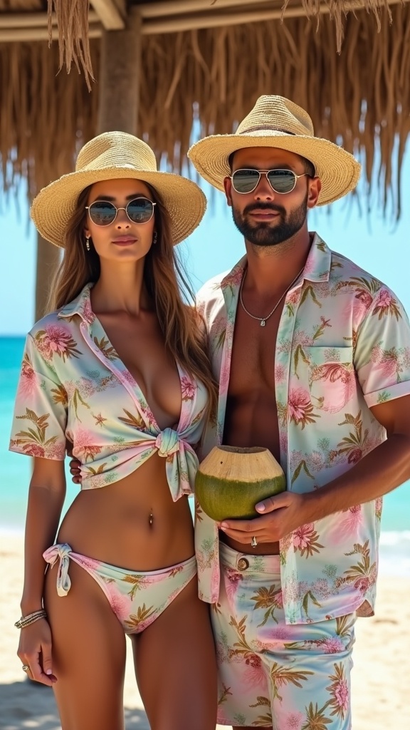 A creative matching look a pair in pastel Hawaiian shirts