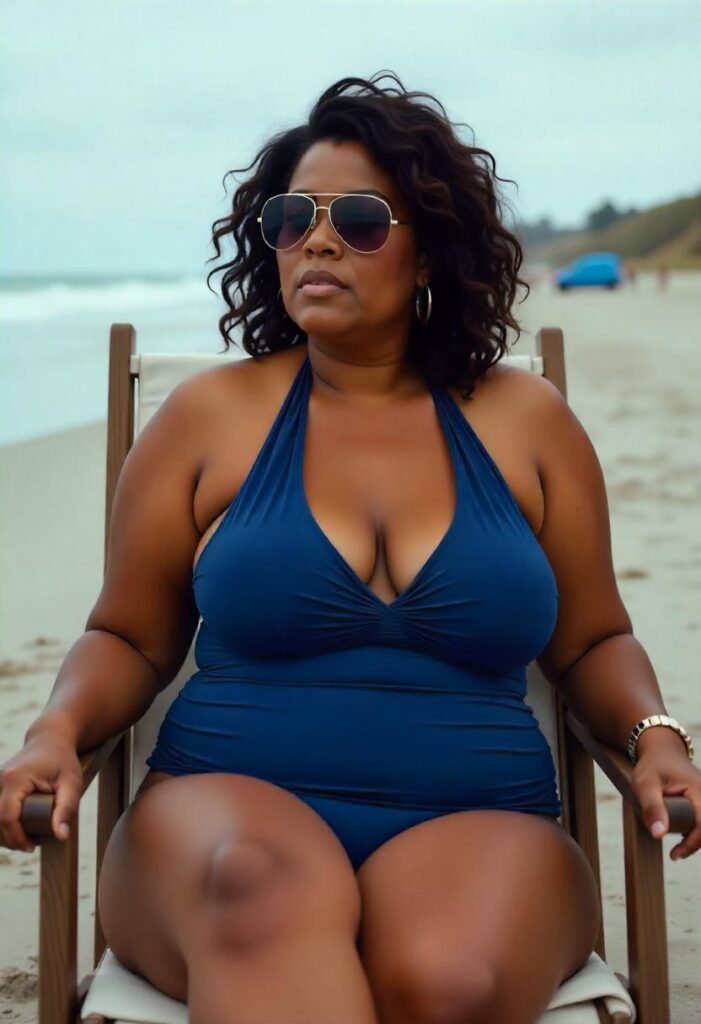 A curvy Black woman in her 40s with large breasts wearing a halter neck one-piece swimsuit