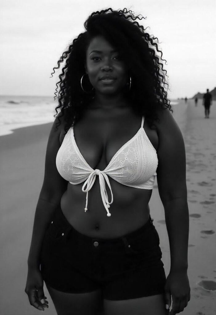 A curvy Black woman with big busts wearing a tie-front crop top