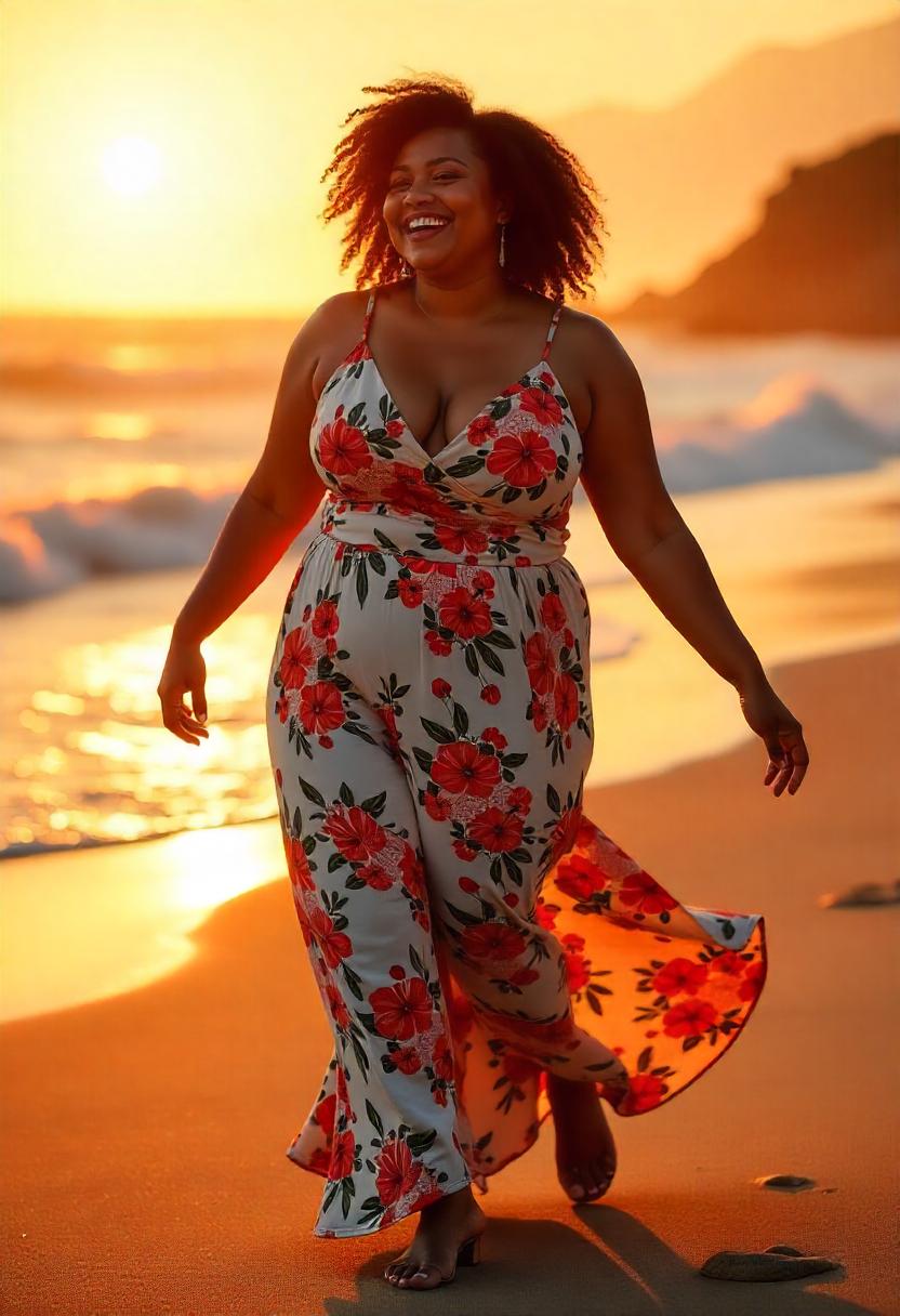 A curvy black woman sitting on a beach blanket in a lightweight tie-dye maxi dress