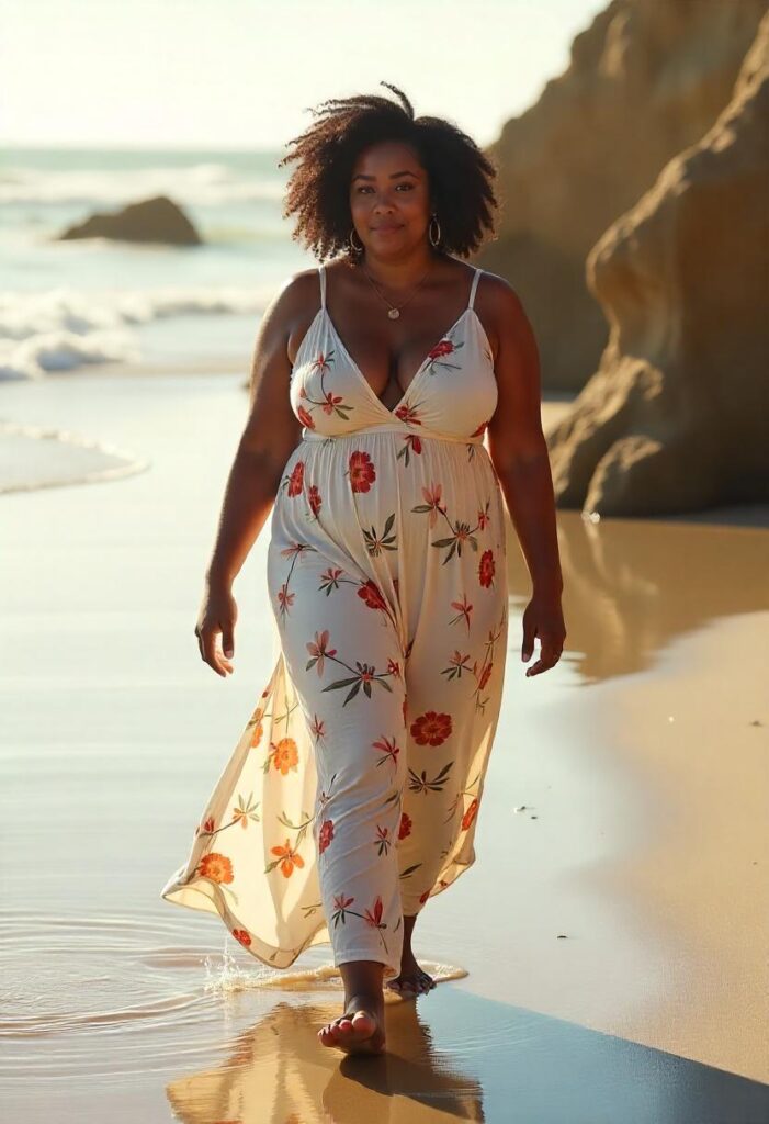 A curvy middle-aged Black woman with large breasts wearing a deep V-neck