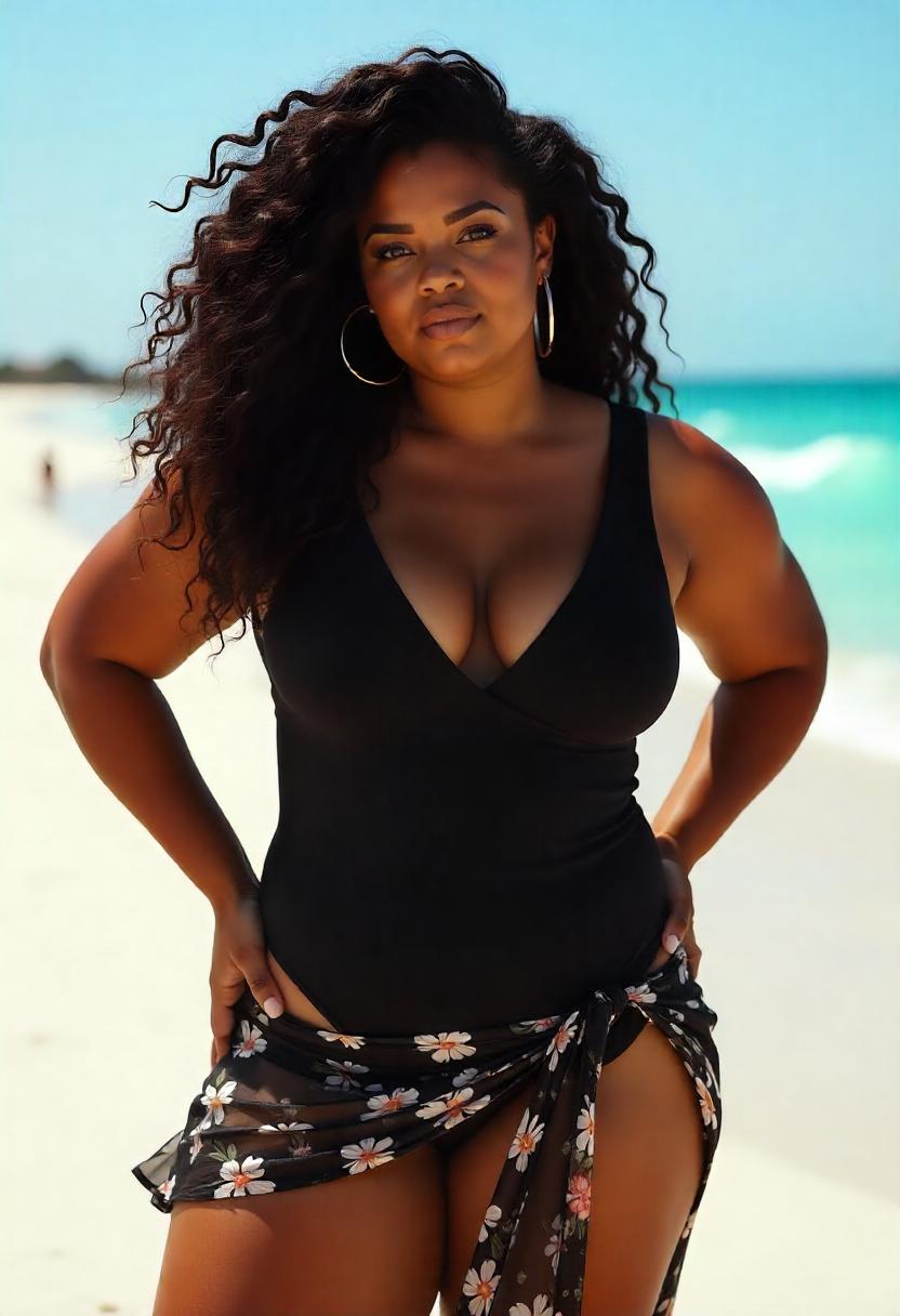 A curvy woman wearing a black one-piece with a sheer wrap skirt