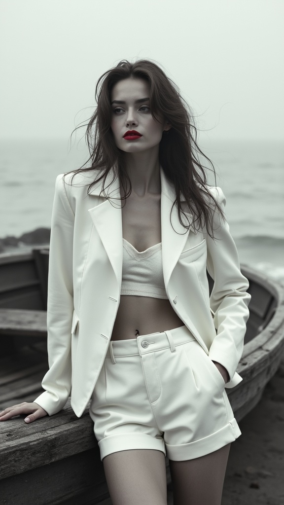 A desaturated editorial a figure in a structured white jacket
