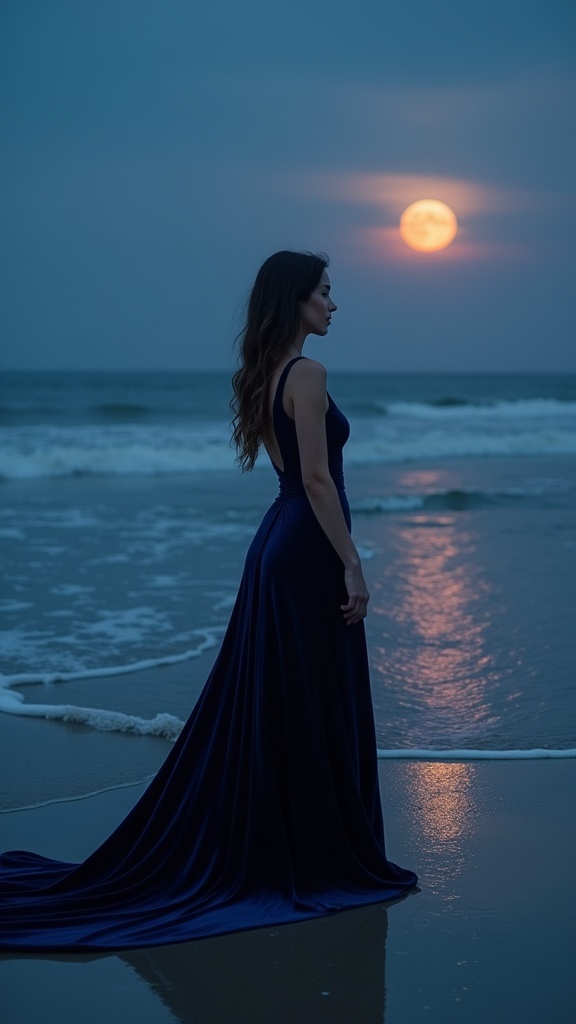 A dramatic twilight composition a woman in a midnight-blue velvet dress