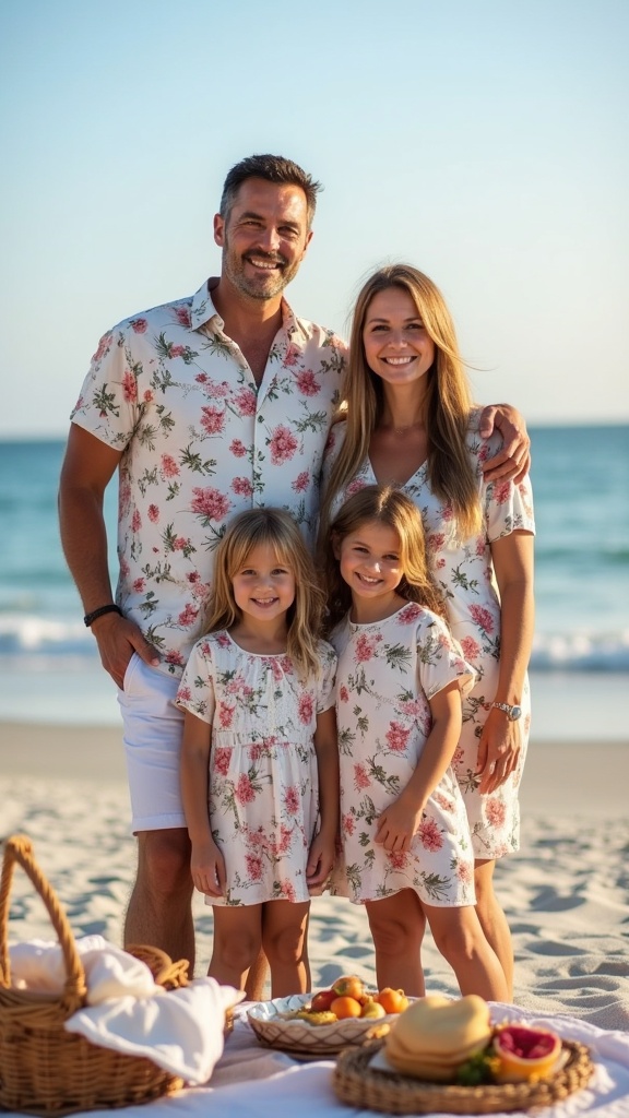 A family in matching floral prints, standing together beside a picnic setup on the beach