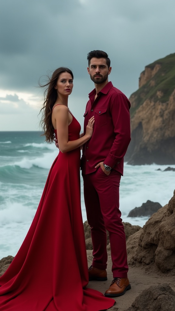 A fashion-forward couple portrait the woman in a flowing red gown standing on rocky coast