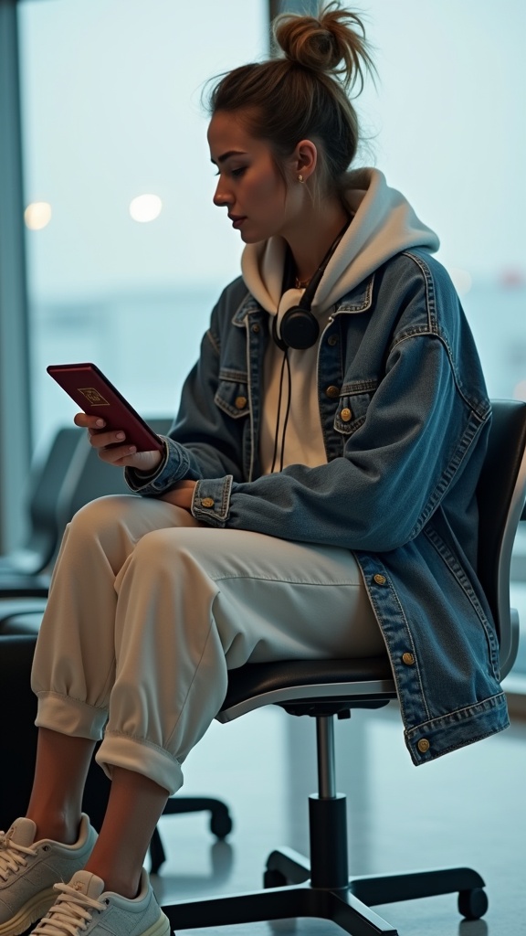 A fashionable woman sitting near a departure gate with her passport and phone in hand