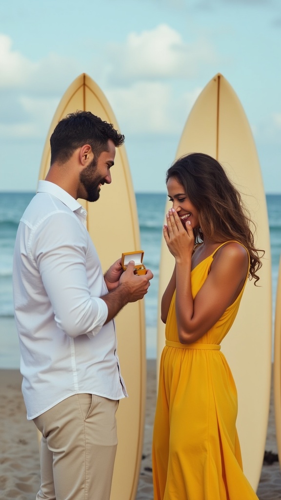 A festive engagement scene a man in a crisp white shirt and linen trousers pops a ring box