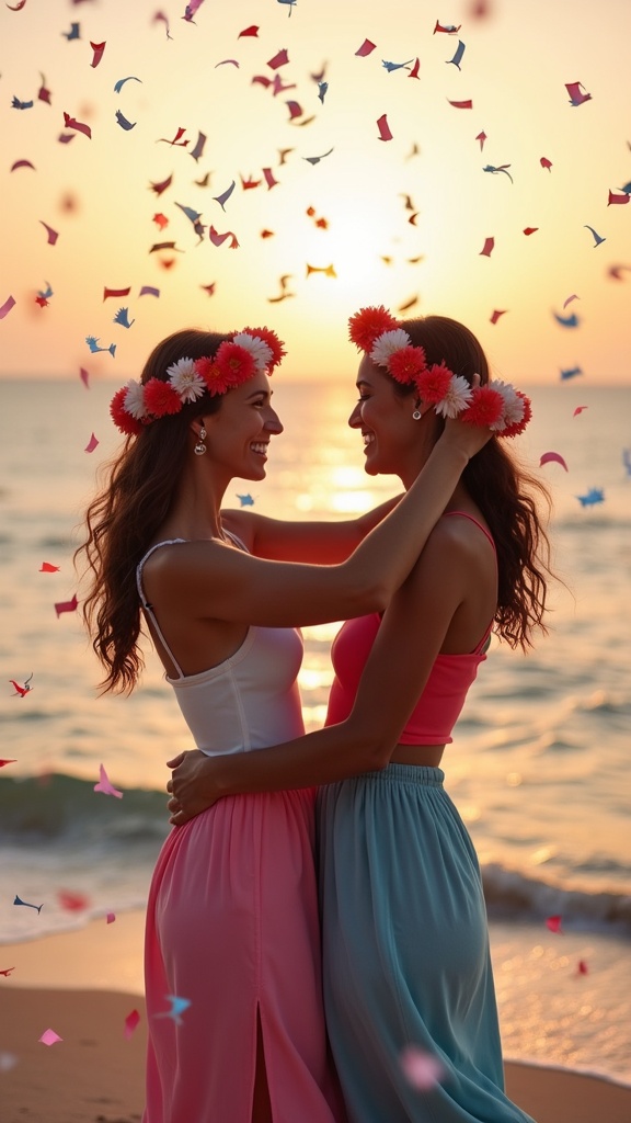 A festive family-friendly vibe a couple dancing by the beach with entwined matching floral garlands and color-block outfits