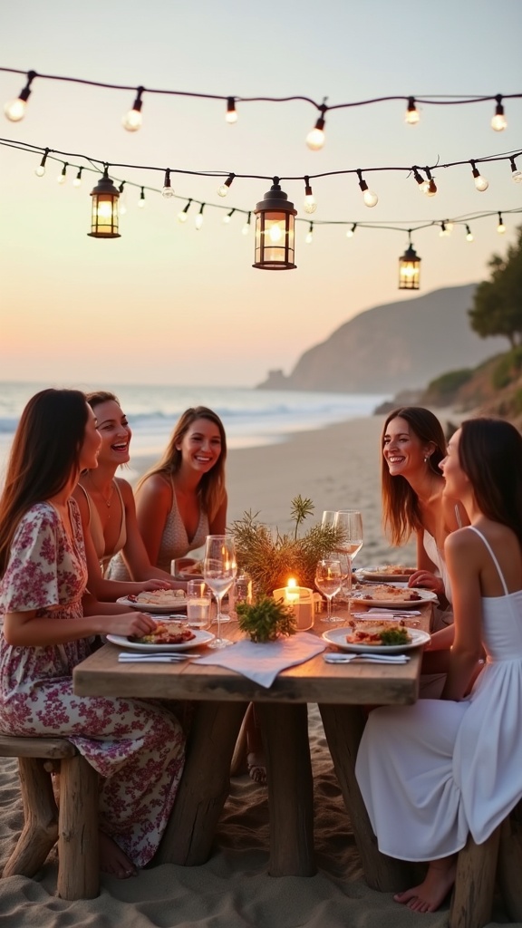 A festive group scene friends around a driftwood table on the beach, one wearing a flutter-sleeve floral jumpsuit, another in a crisp white summer dress, all laughing under overhead solar lanterns as dinner is served