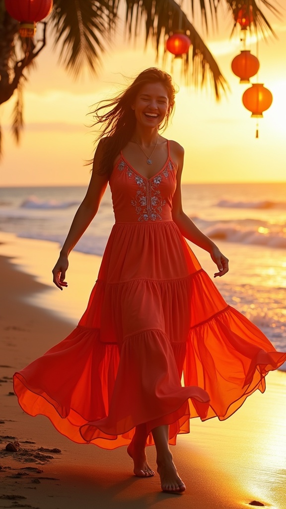 A free-spirited festival feel a woman twirling on the beach in a tiered coral dress with embroidered bodice
