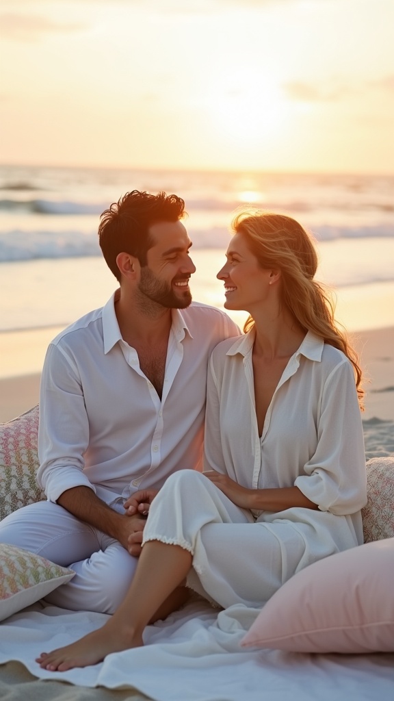 A golden hour couple’s shoot partners in lightweight linen
