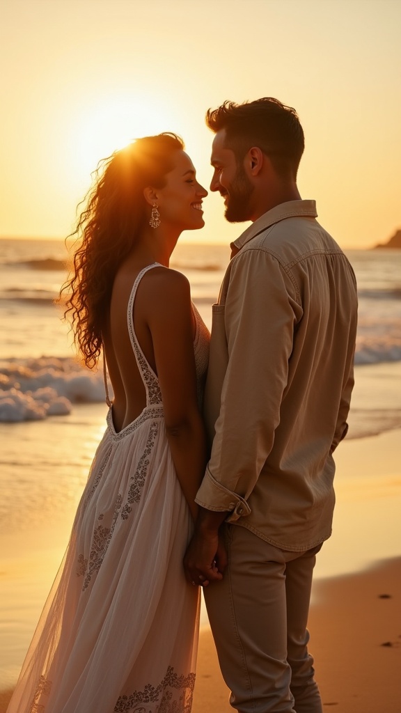 A golden hour embrace a woman in a backless embroidered maxi dress