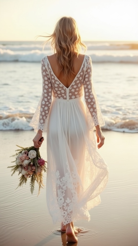 A graceful bohemian bride-on-vacation look, a woman in a white lace beach dress with flowing bell sleeves, barefoot and holding a bouquet of seashells, walking along the tide line with gentle waves at dawn.