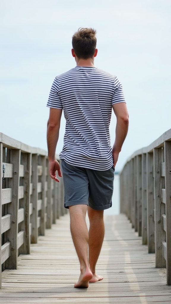 A guy in a striped tee and drawstring shorts, walking across a wooden pier barefoot