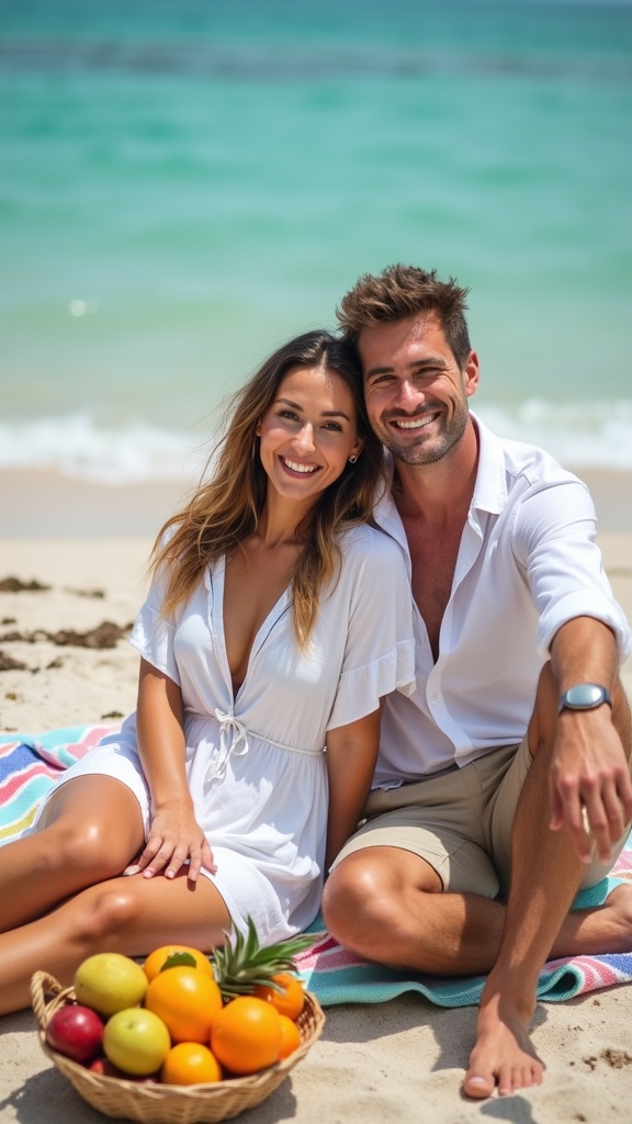A happy couple on a tropical vacation both in crisp white linen