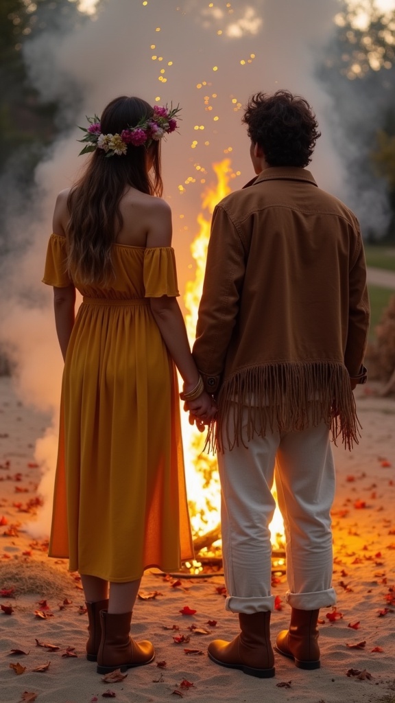 A harvest festival vibe friends gathered around a bonfire, the girl wearing a mustard yellow off-shoulder dress