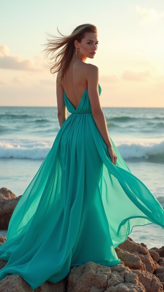 A high-fashion beach photo shoot a model in a flowing turquoise