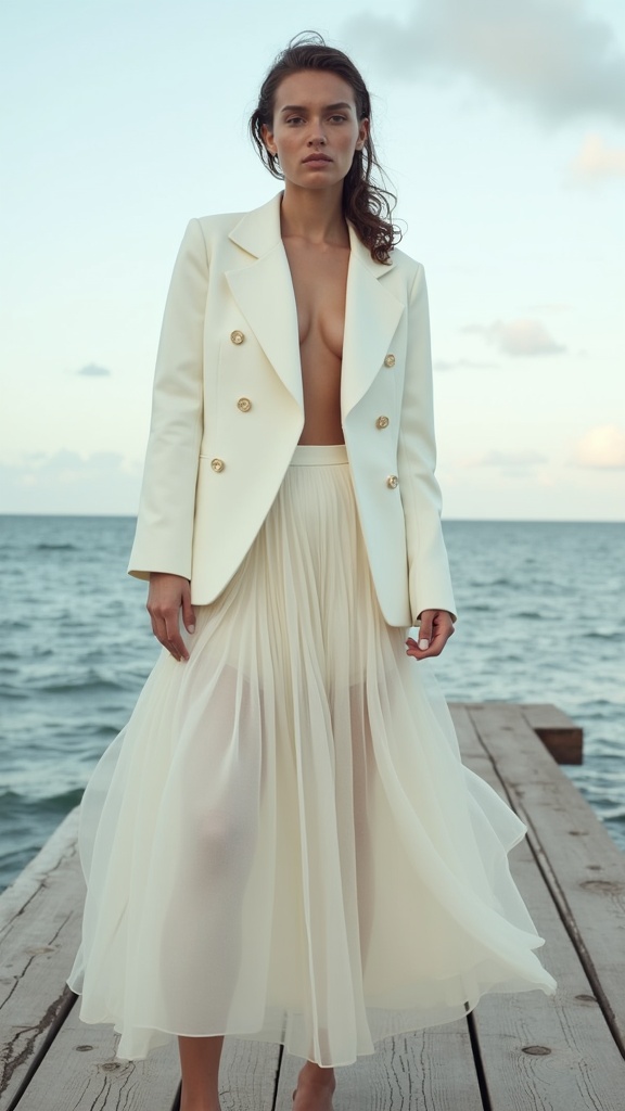 A high-fashion editorial shot a model in a structured off-white blazer