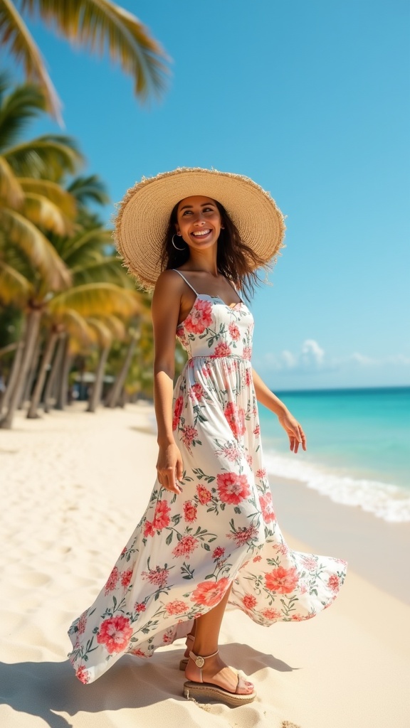 A joyful young woman in a breezy floral maxi dress twirls playfully on a sunlit sandy beach