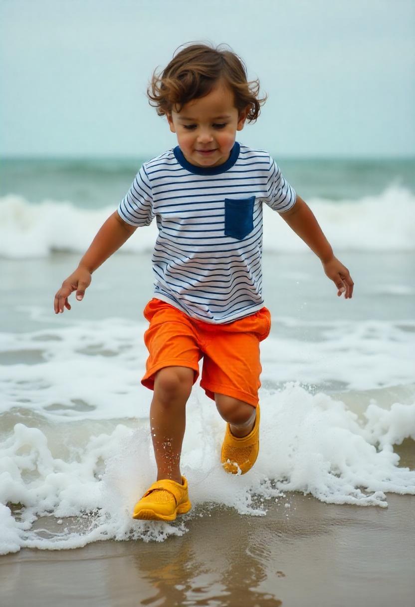A little boy in a striped pocket tee and mesh-lined athletic shorts