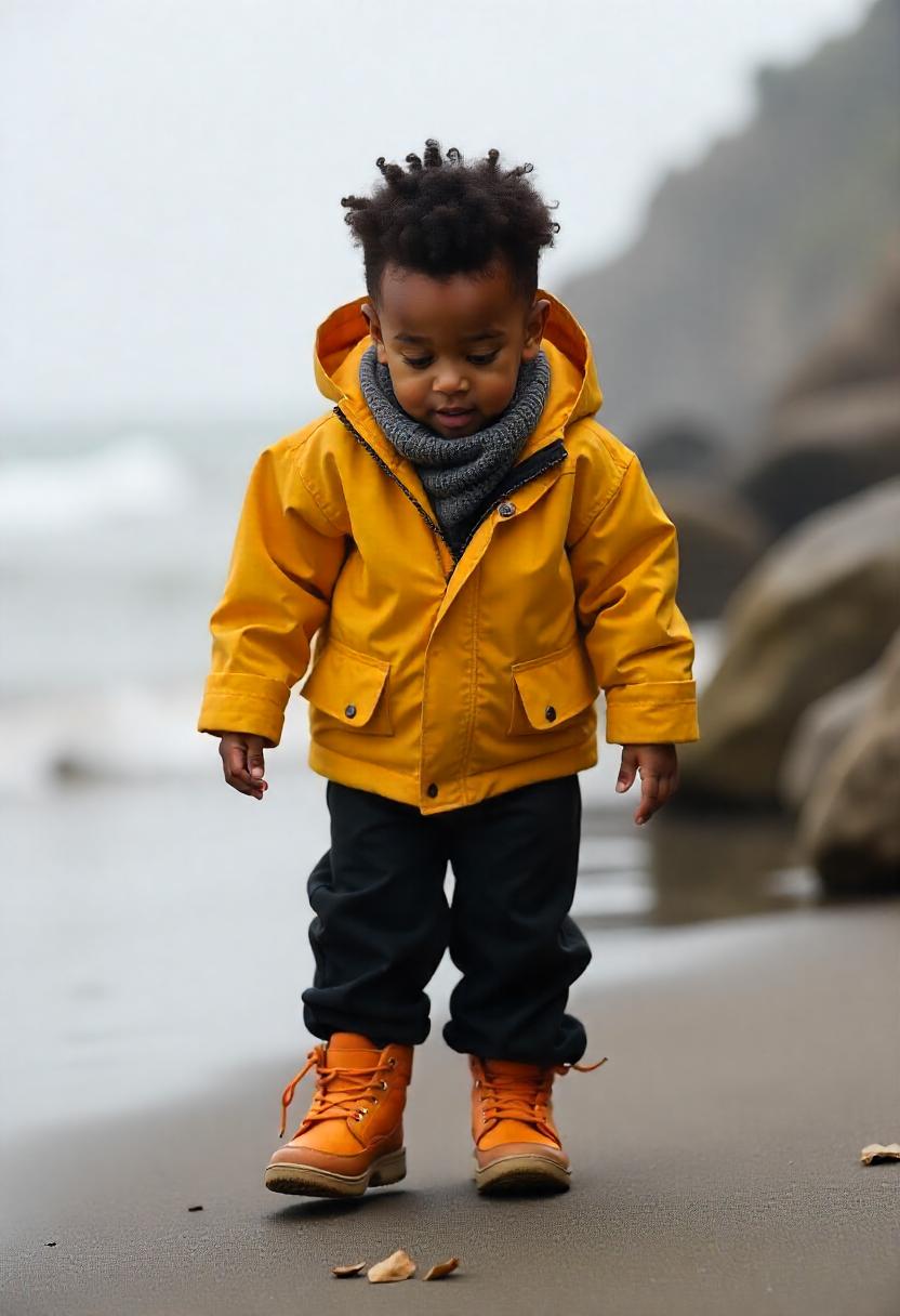 A little boy in lined track pants, a hooded windbreaker