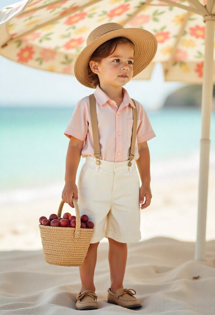 A little boy in linen shorts, button-up shirt, suspenders
