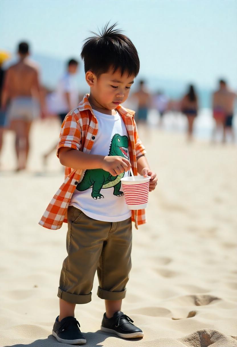 A little boy in relaxed khaki pants, printed tee