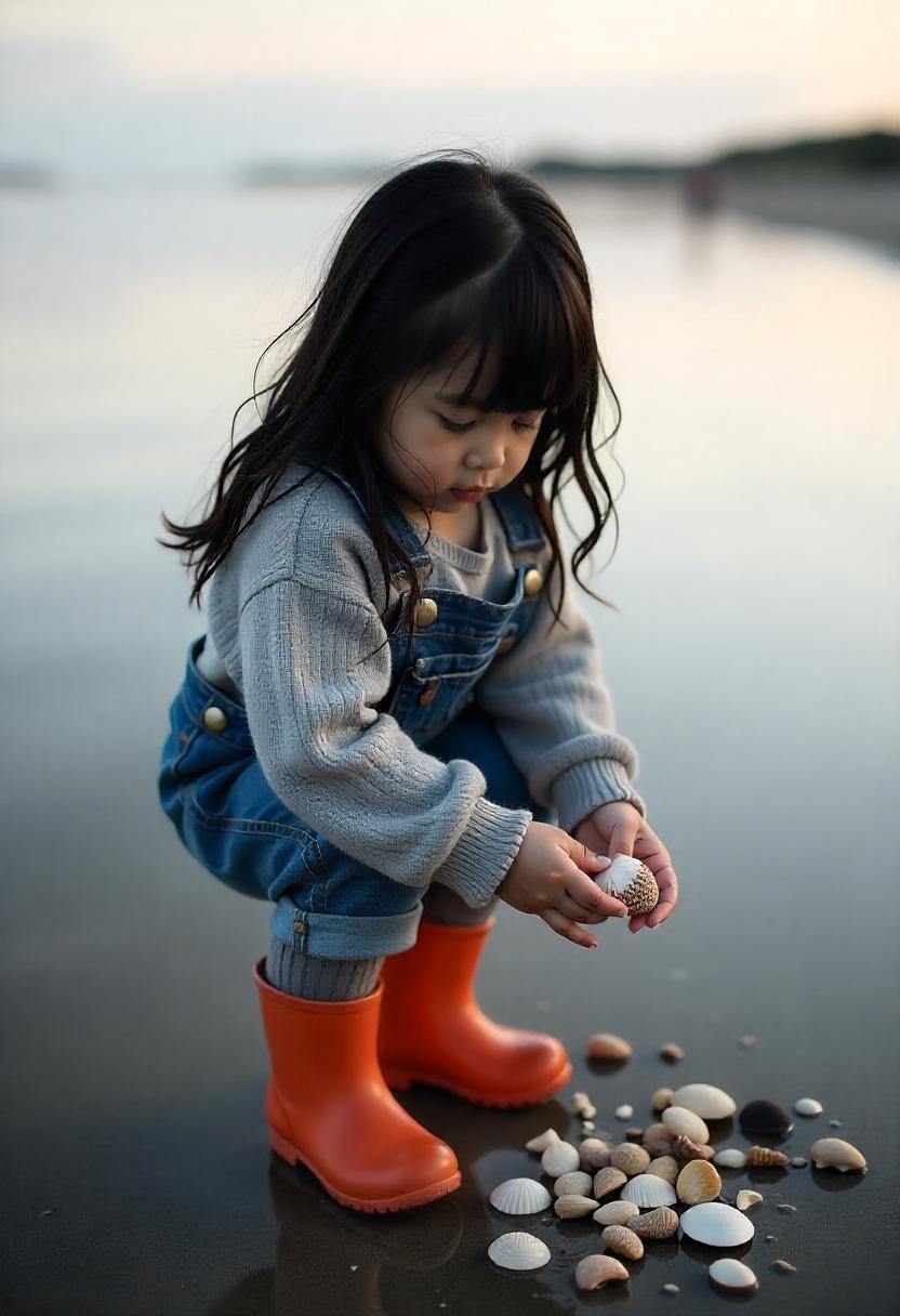 A little girl in a cable-knit sweater, denim overalls