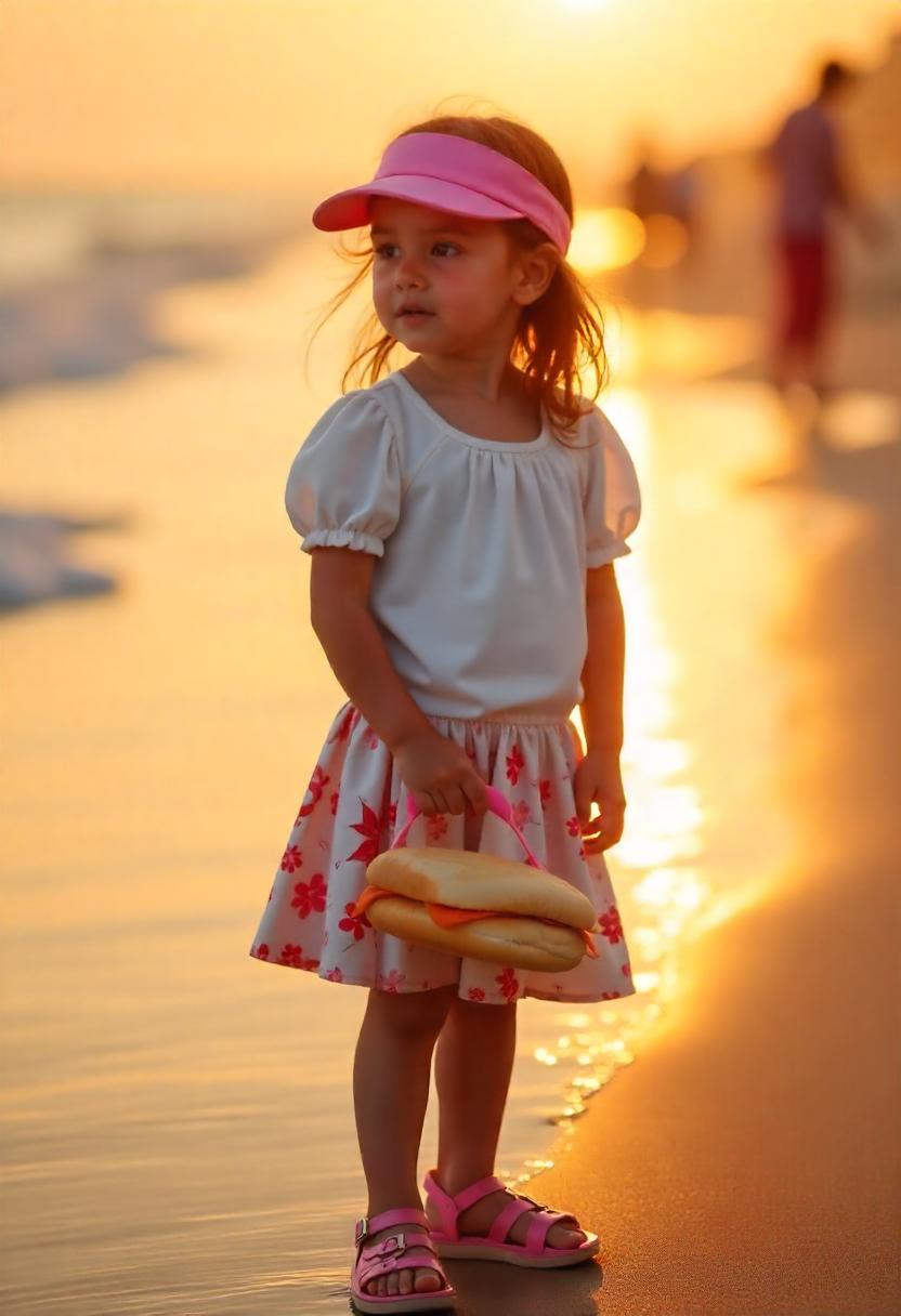 A little girl in a cotton puff-sleeve blouse, floral skirt