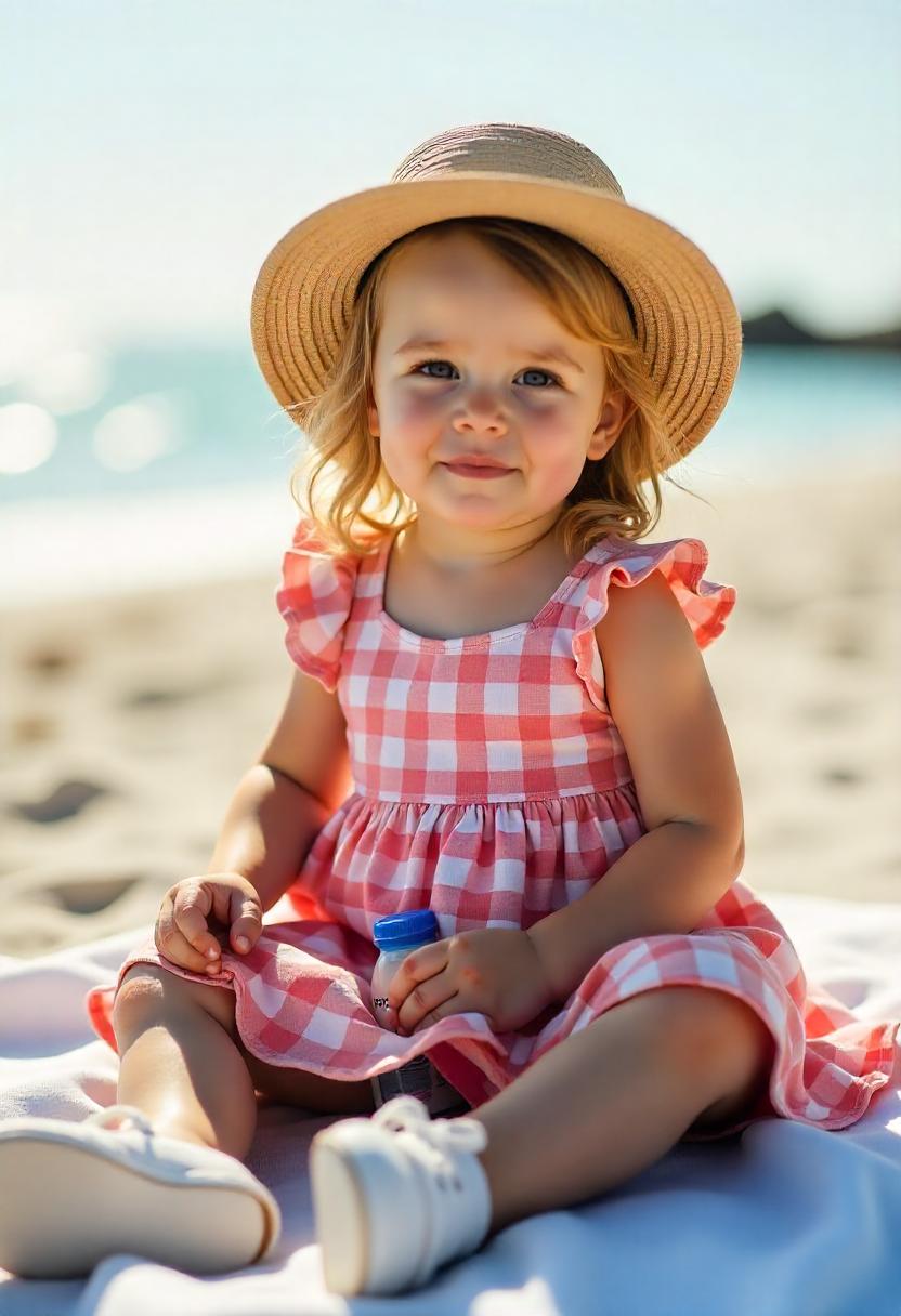 A little girl in a gingham ruffle dress, straw hat