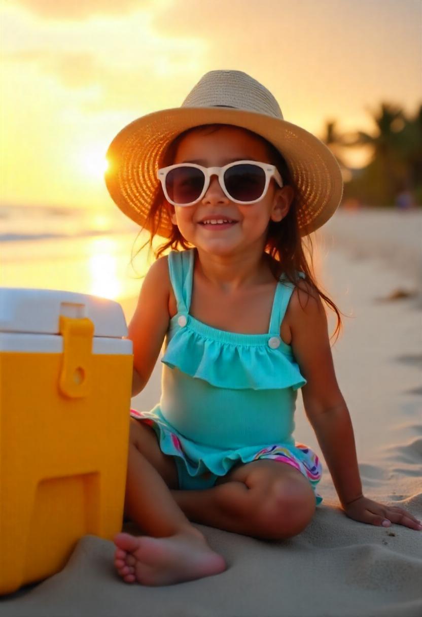 A little girl in a light blue frilly swimsuit with assorted hat