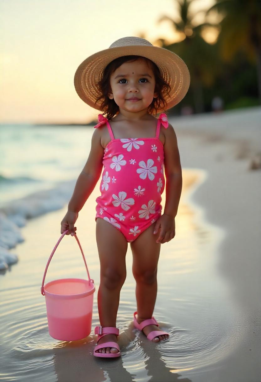 A little girl in a pink floral two-piece swimsuit copy