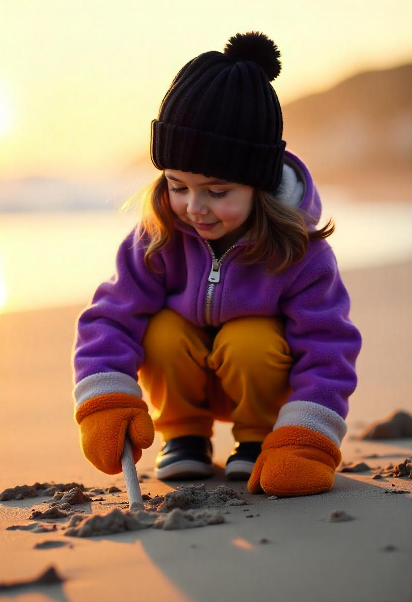 A little girl in a sherpa pullover, flannel pants, cozy hat,