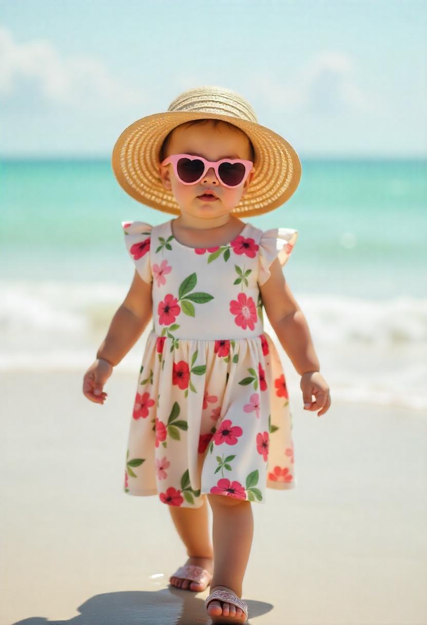 A little girl in a tropical floral sundress with flutter sleeves