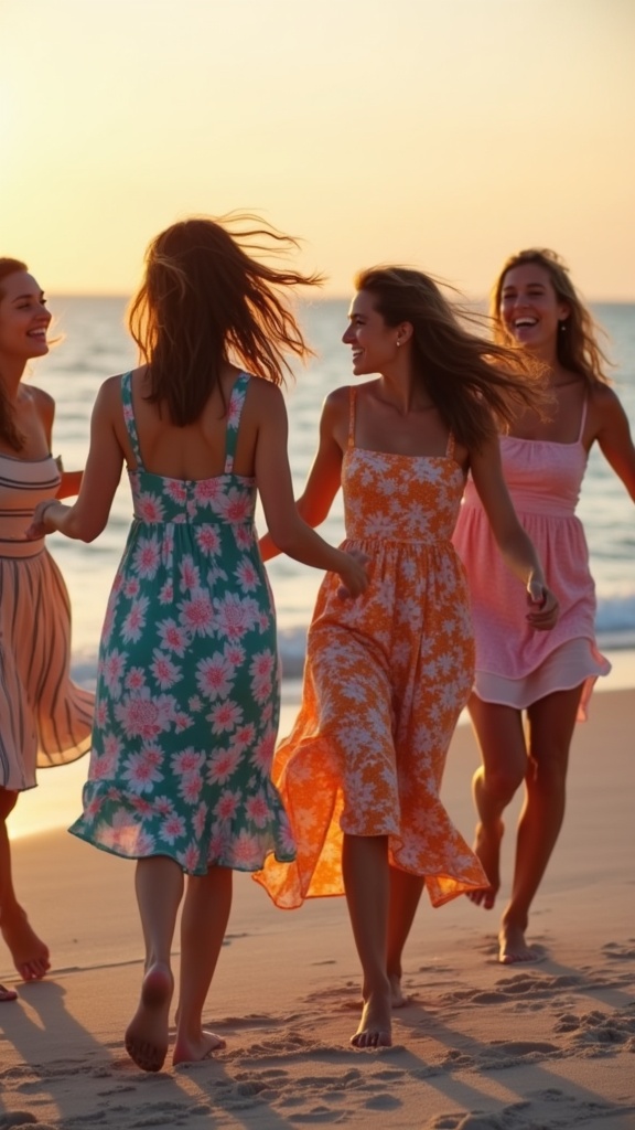 A lively group of friends on the beach wearing colorful sundresses