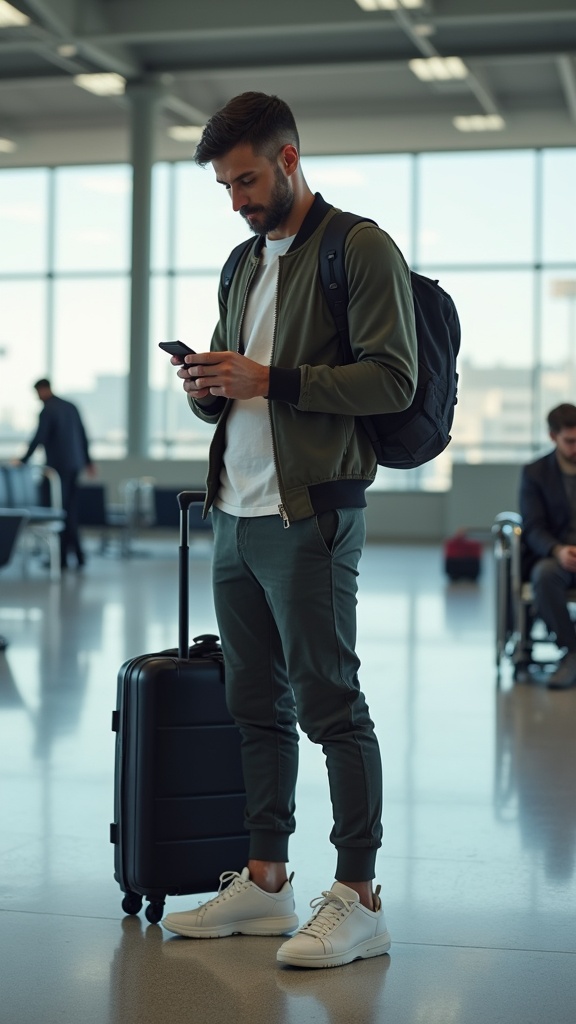 A man at the airport gate in tailored joggers