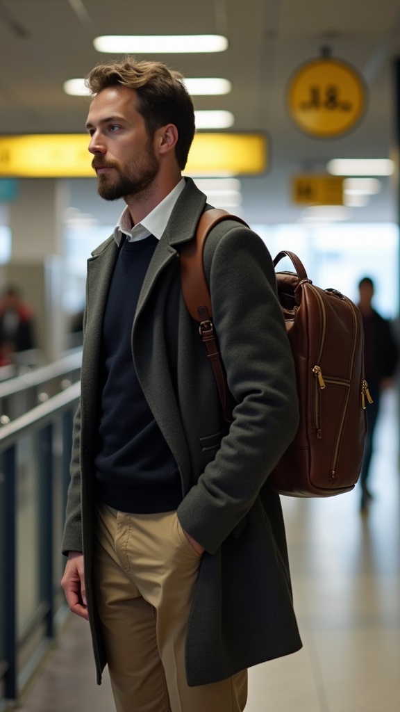A man beside the ticket gate in chino pants