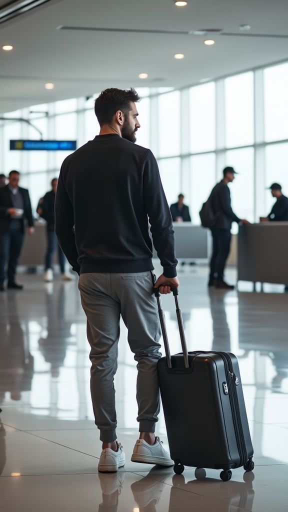 A man by the check-in desks in a monochrome outfit with gray pants