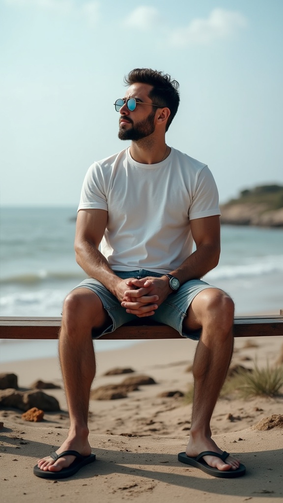 A man dressed in a casual tee, flip-flops, and aviator sunglasses, relaxing on a wooden bench by the coast.