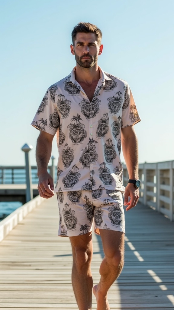 A man in a matching swim top and shorts set with masculine patterns, standing on a pier under bright sun.