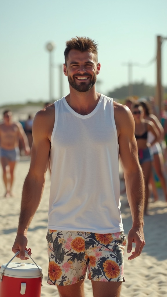 A man in a muscle tee and floral shorts, carrying a cooler while smiling toward a beach hangout