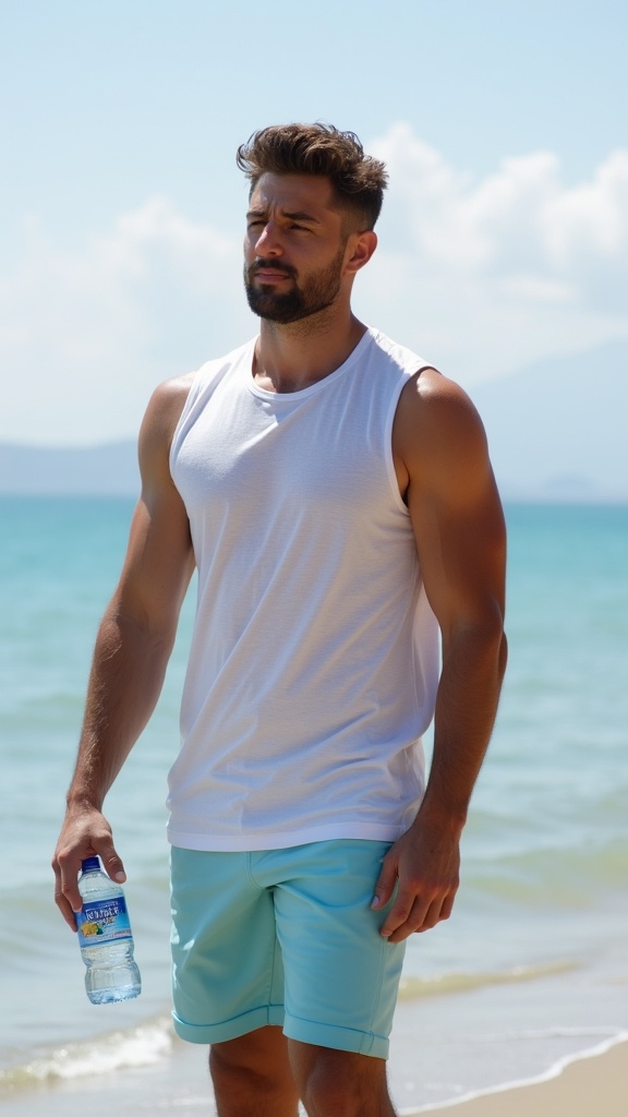 A man in a sleeveless muscle tee and light blue shorts, holding a bottle of water near the shore.