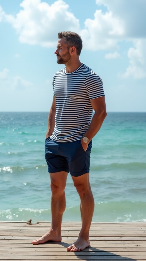 A man in a striped short-sleeve shirt and swim trunks, standing on a wooden deck overlooking the ocean.