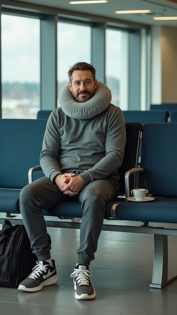 A man in a waiting area in loose joggers, a thermal shirt,