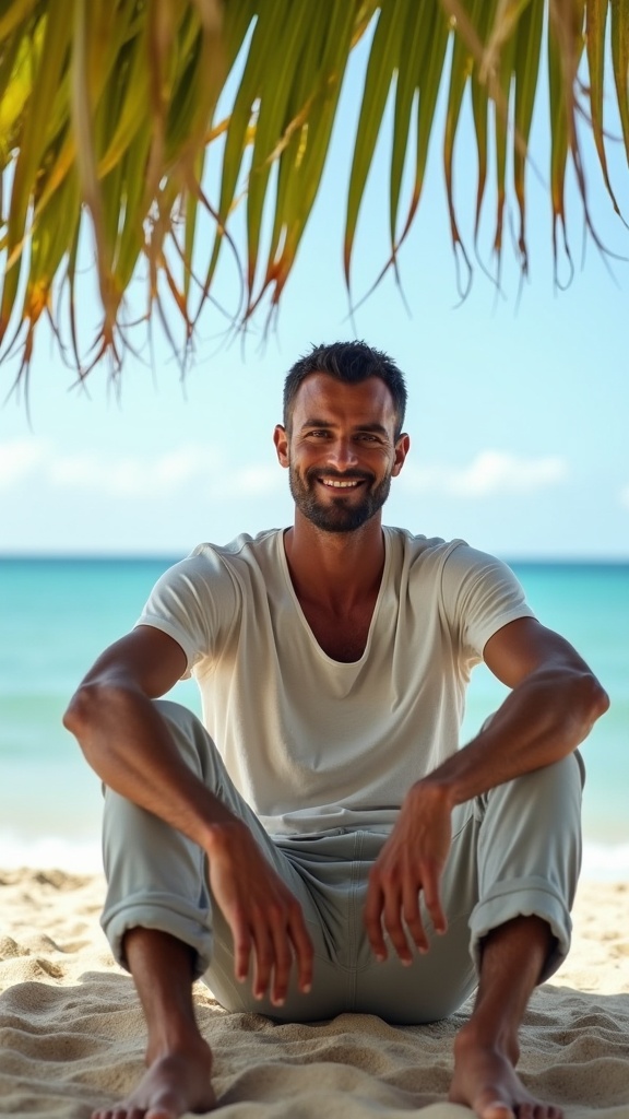 A man in casual beach joggers and a loose tee, sitting under a palm tree with the ocean in the distance.