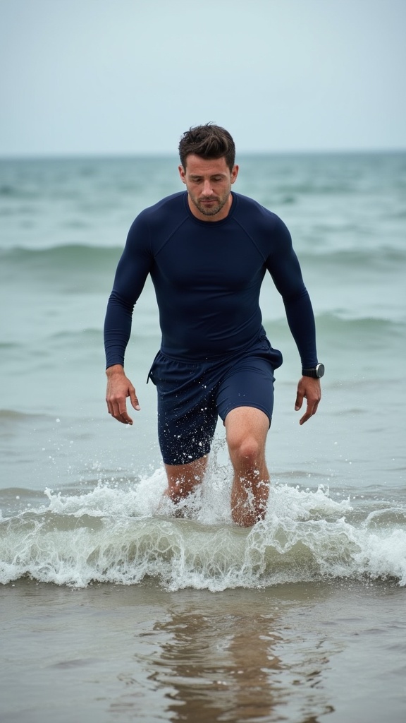 A man in solid navy swim shorts and a rash guard, diving into shallow water near the shoreline.